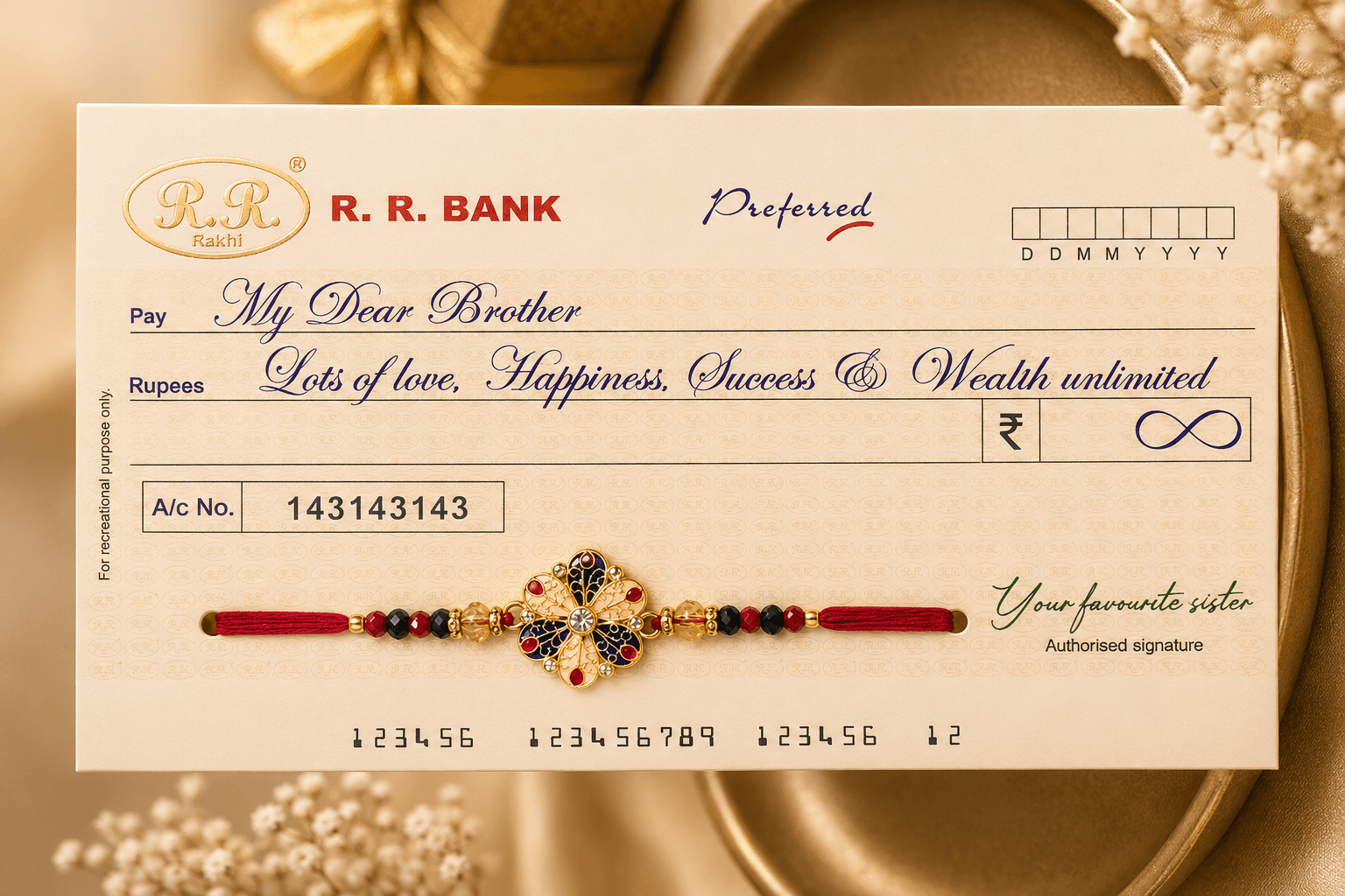 Meenakari Floral Motif Rakhi with Blessings Cheque Card