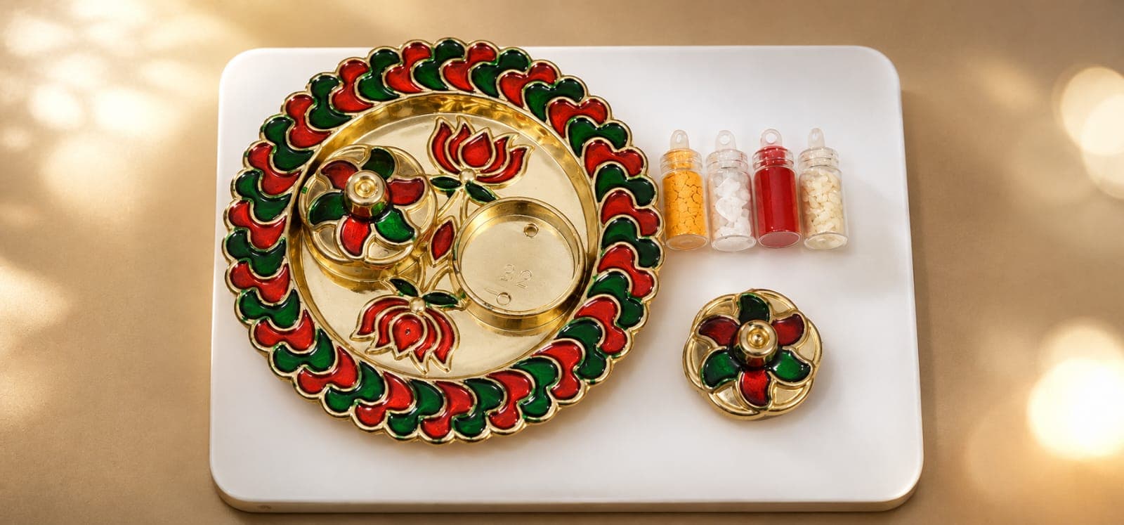 Golden Meenakari Pooja accessory with Roli Chawal Boxes