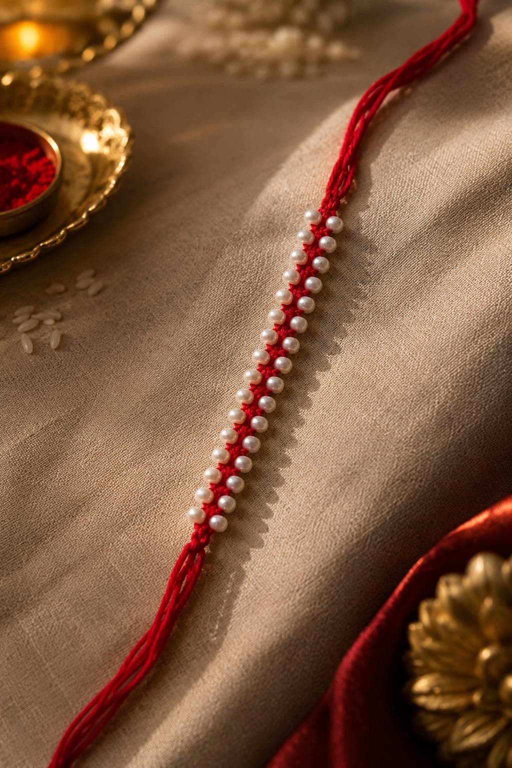 Classic Pearl Beaded Rakhi with Red Thread