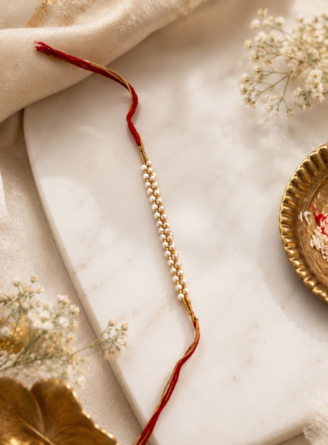 Classic Pearl Beaded Rakhi with Red - Golden Thread