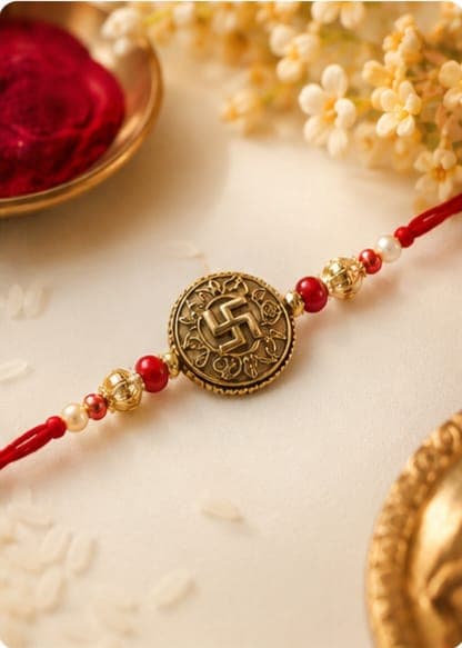 Swastik Rakhi with Pearl & Red Beads