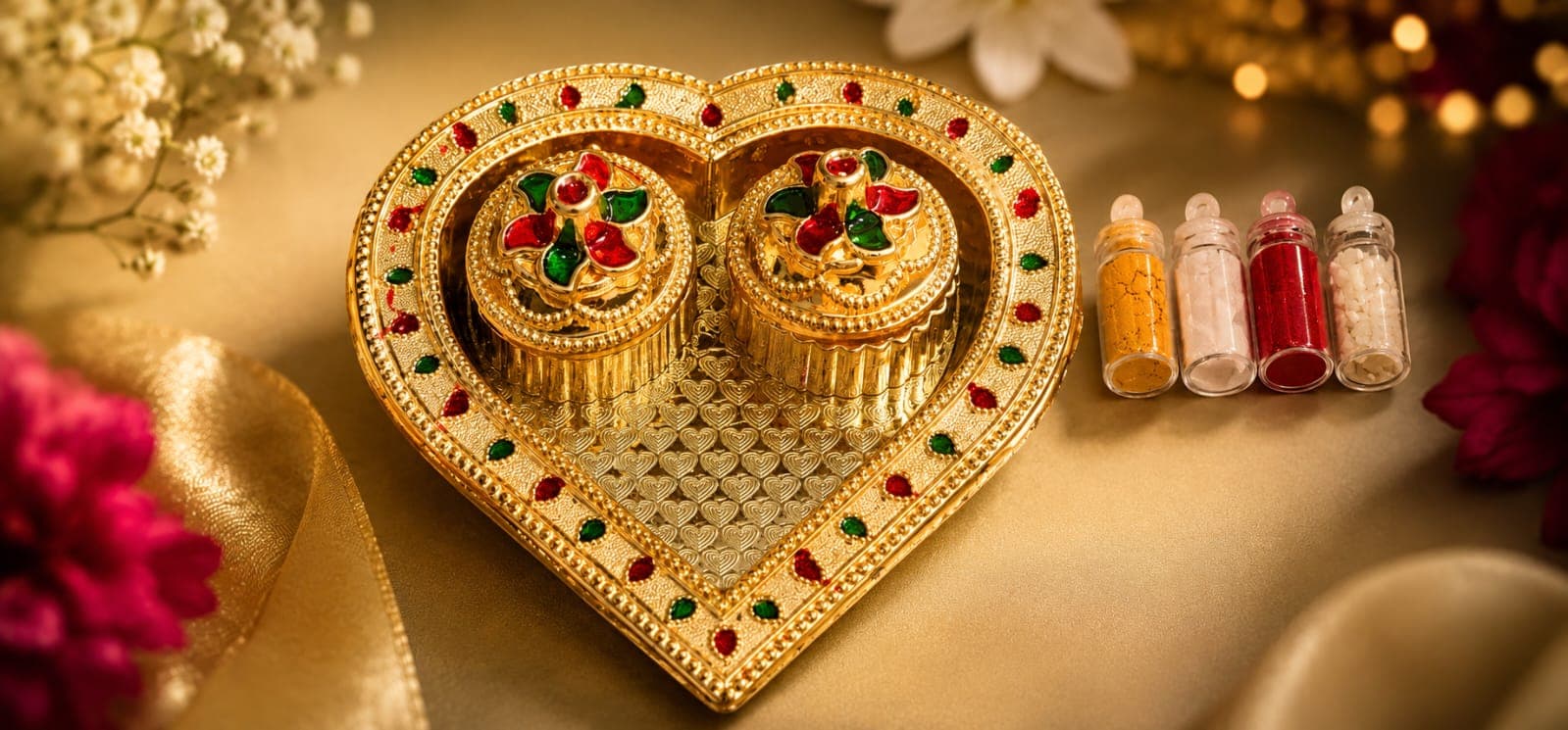 Heart-Shaped Kundan Mini Pooja Thali Set