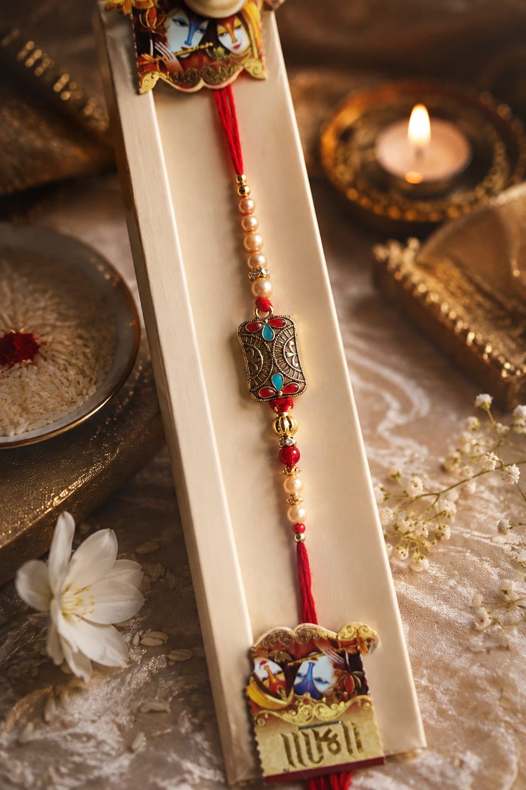 Kundan Rakhi with Pearl & Maroon Beads