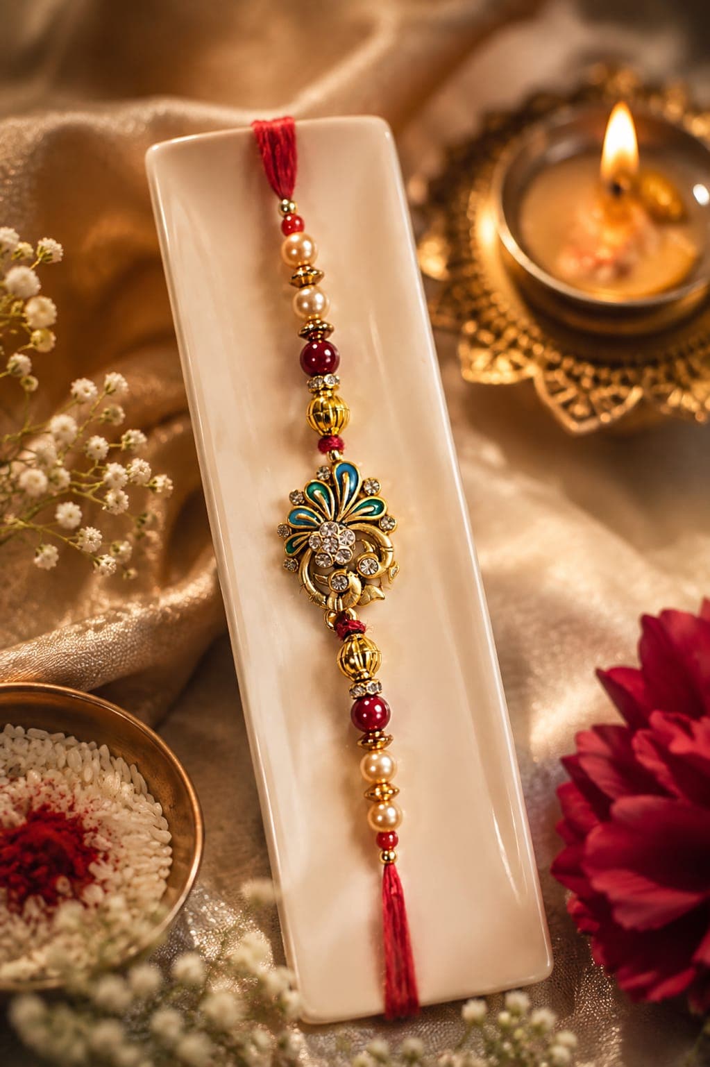 Kundan Meenakari Flower Rakhi with Pearl & Maroon Beads