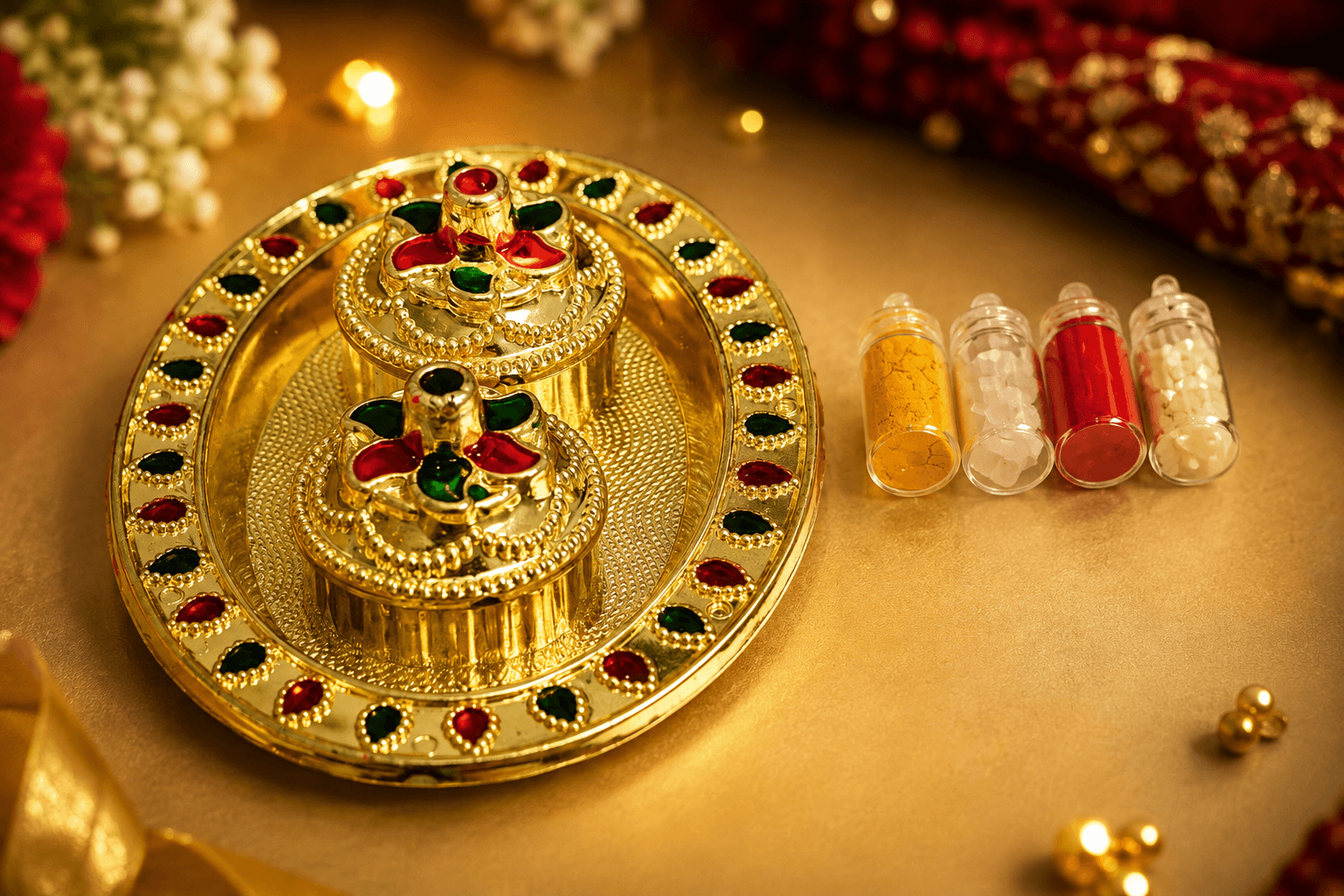 Oval shape Kundan Mini Pooja Thali Set