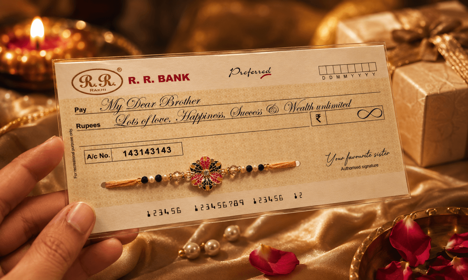 Meenakari Floral Motif Rakhi with Blessings Cheque Card