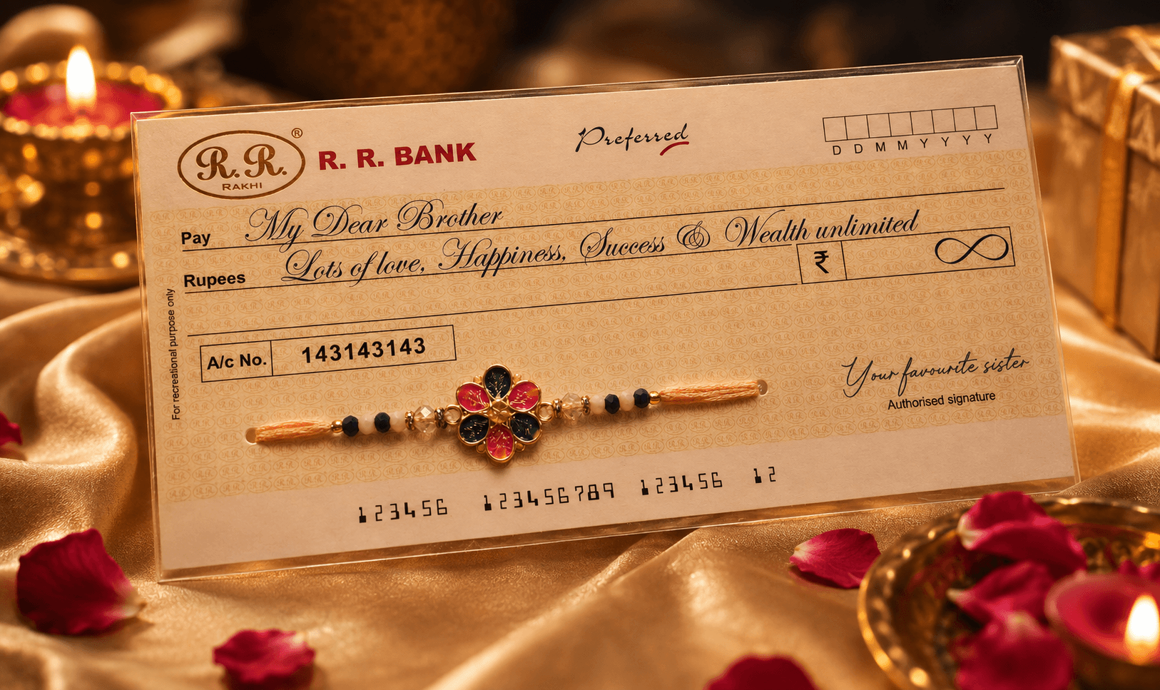Meenakari Floral Motif Rakhi with Blessings Cheque Card