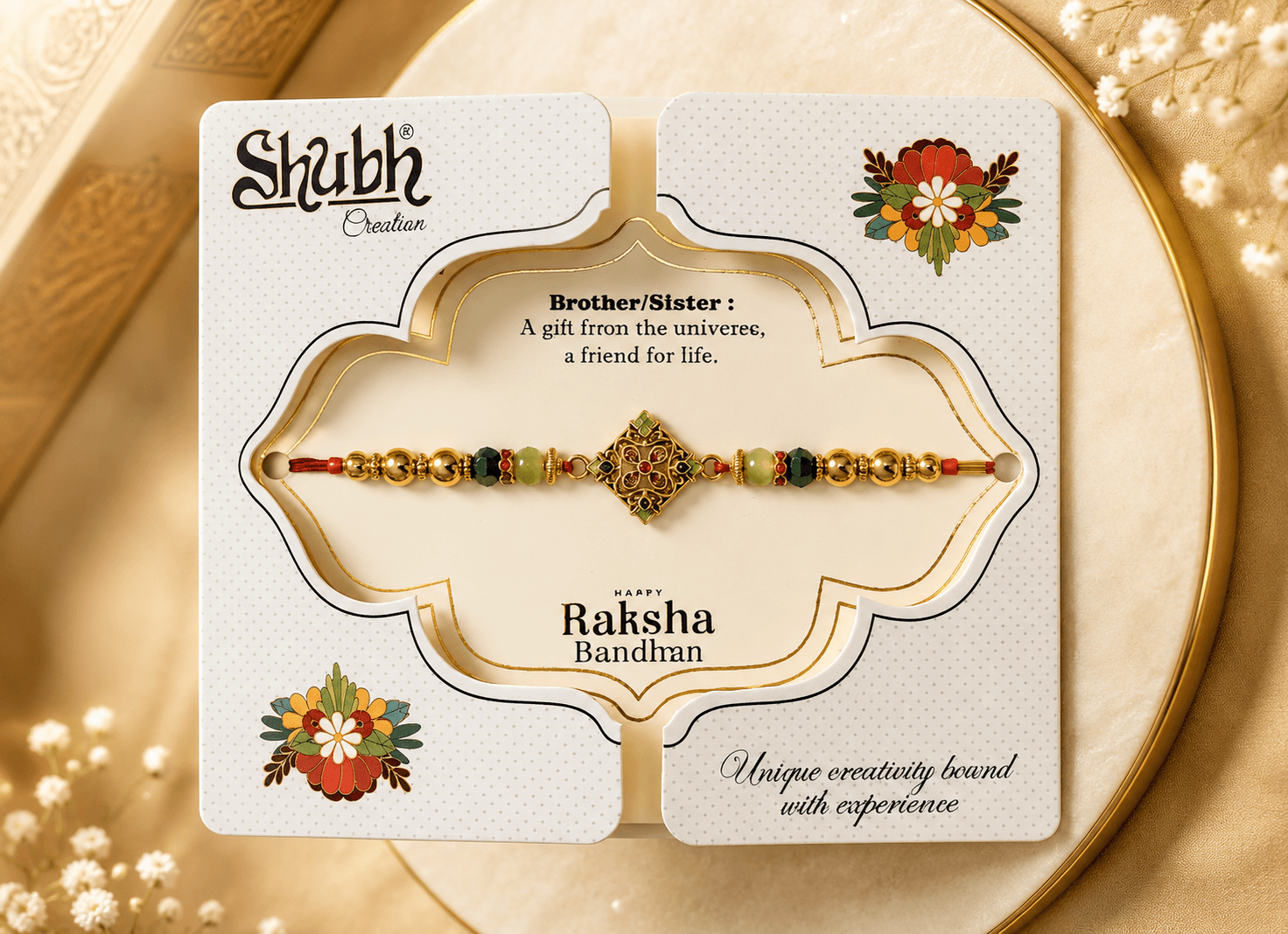 Antique Gold Meenakari Diamond Motif Rakhi (Green & Red Beads)